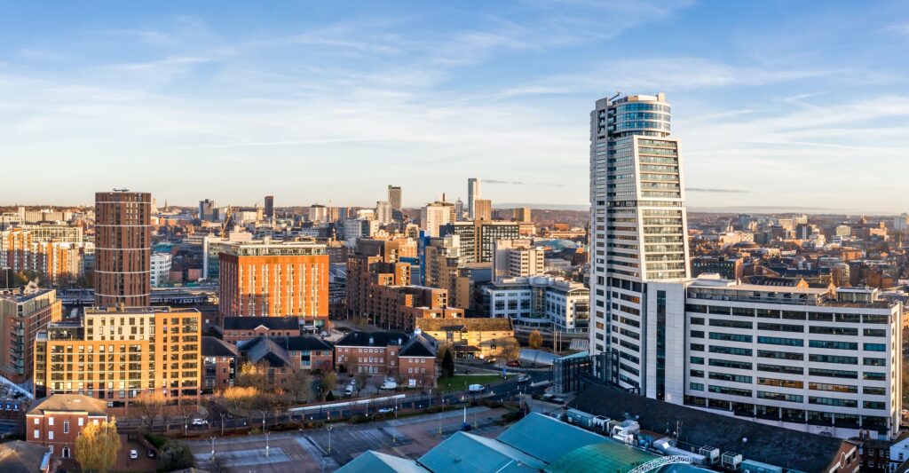 Aerial panorama of Leeds cityscape skyline with modern and old architecture buildings