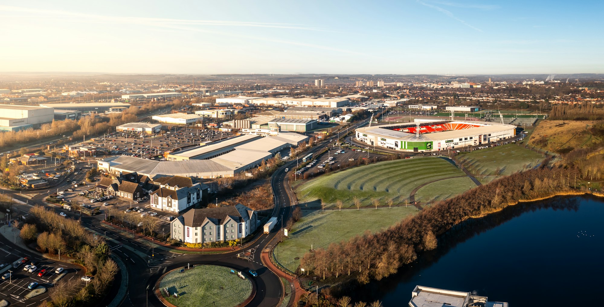 Aerial panorama view of the Lakeside Village area at Doncaster in the UK