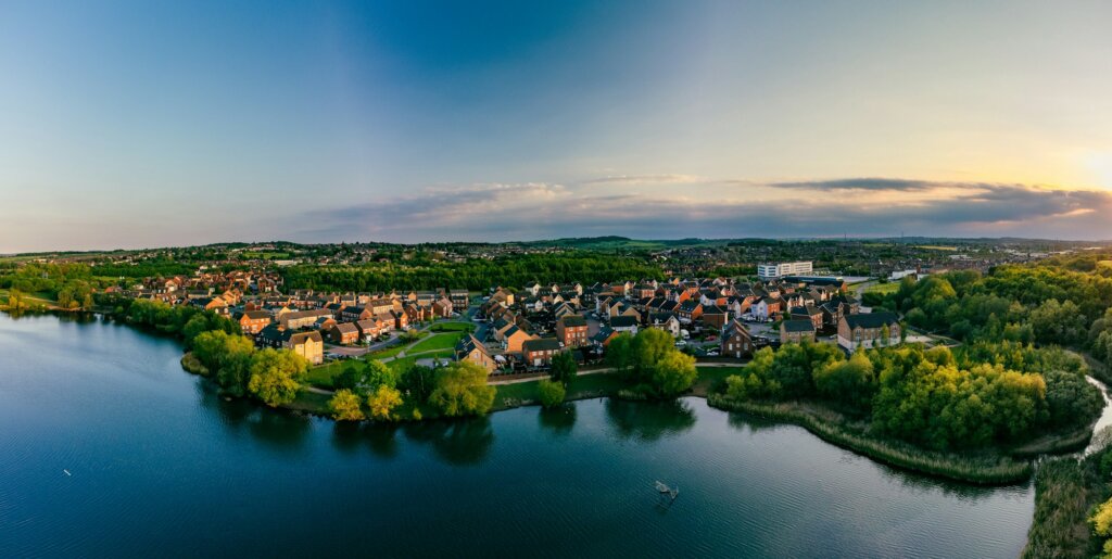 Panoramic drone aerial view of Manvers Lake, Rotherham, South Yorkshire