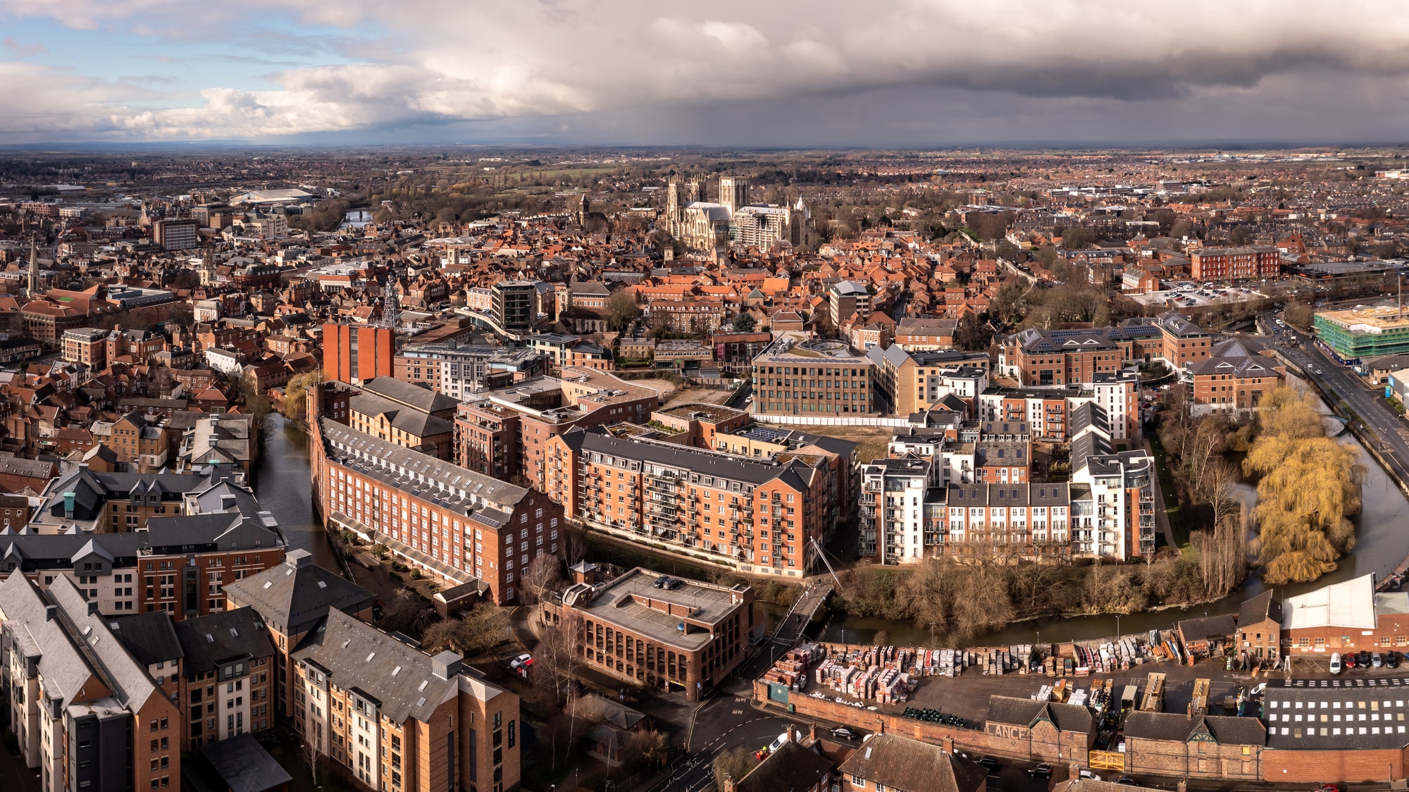 Aerial cityscape skyline of York city centre and Minster