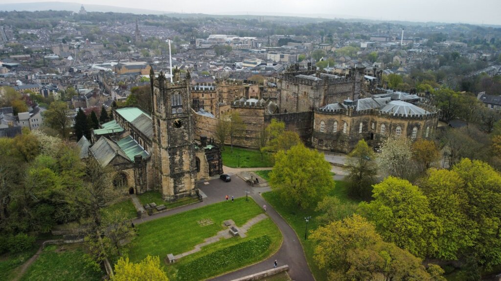 Aerial shot of the historic Lancaster Castle situated in the United Kingdom