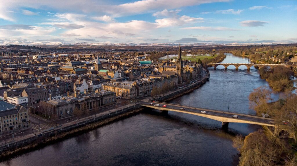 Aerial view of the city Perth in Scotland