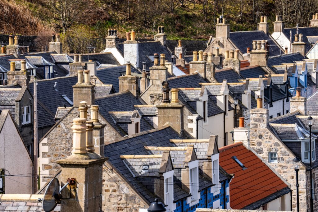 View of the small quiet coastal town village of Buckie, Scotland UK.