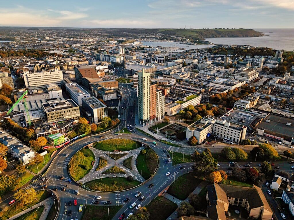 Drone view of the Plymouth Hoe Park in the daylight in England